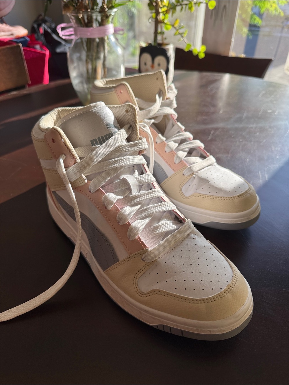 Puma High-Top Sneakers in White, Pink & Gray